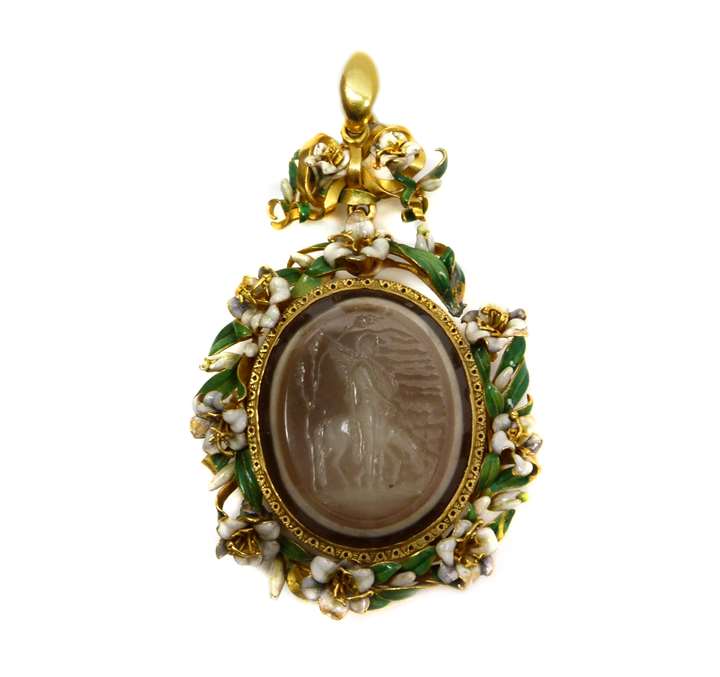 Antique gold and enamel mounted agate intaglio pendant